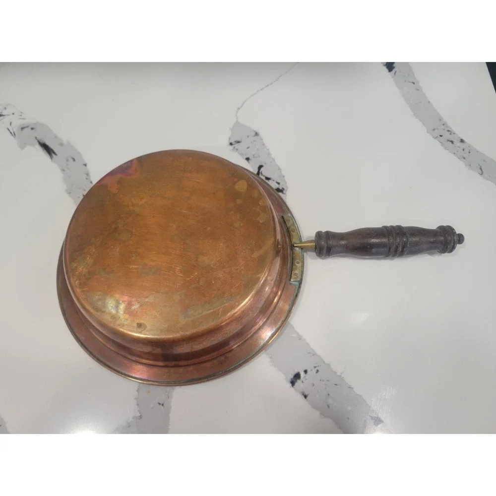 VINTAGE COPPER TIN Lined WOOD Handle COOKING Pan With Brass 9 1/2 Inch Diameter